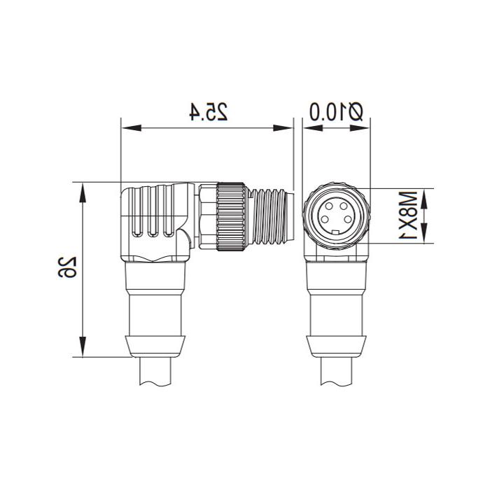 M8 4Pin、公头90°、单端预铸PUR柔性电缆、黑色护套、63S221-XXX