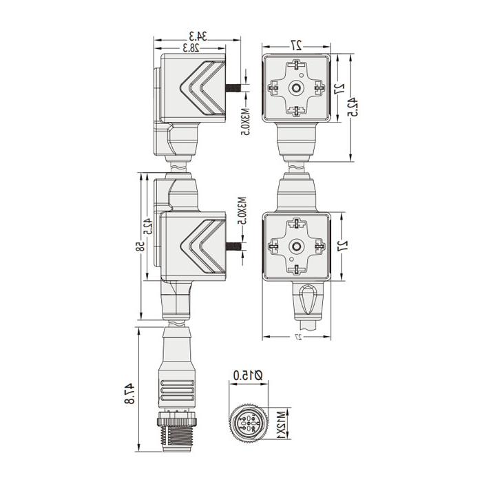 阀门插头类型A，DIN，18mm，4Pin/M12直型公头、双端预铸PUR柔性电缆、黑色护套、6VA081-L1/L2